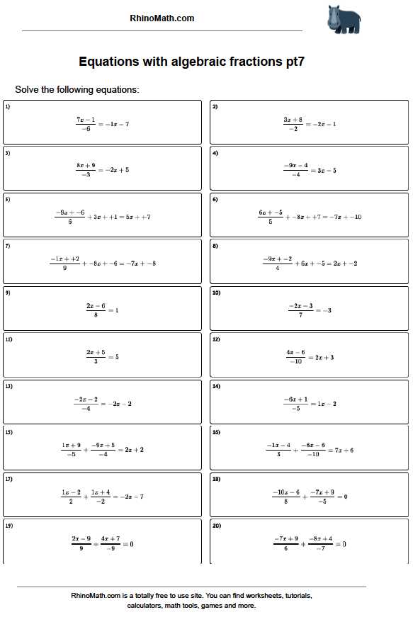 Read more about the article Linear equations with algebraic fractions worksheet – #7