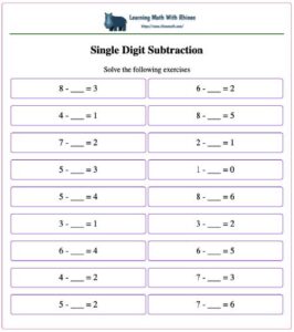 Single digit subtraction -type2