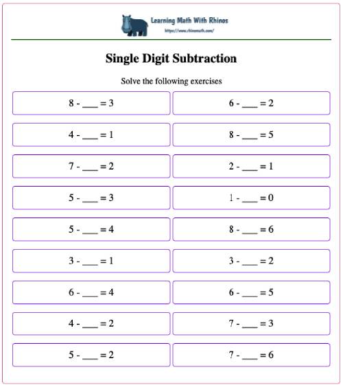 Read more about the article Single digit subtraction worksheets for 1st grade ( 8 – __=6 )