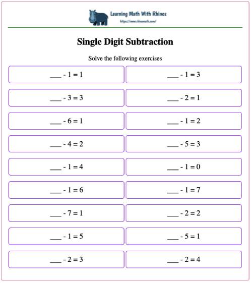 Read more about the article Single digit subtraction worksheets for 1st grade ( __-3=5 )