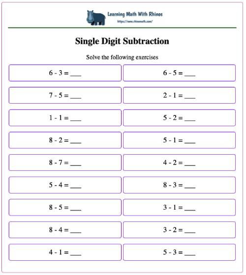Single digit subtraction -type1