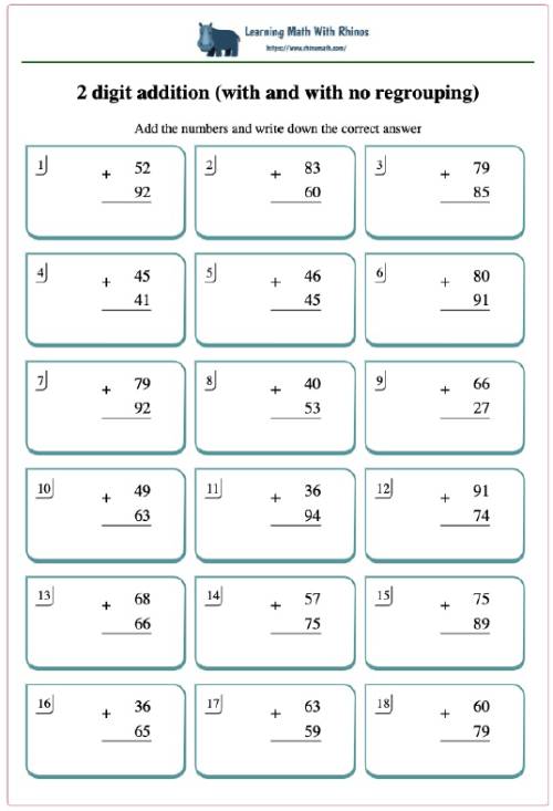 2 digit addition (with and with no regrouping)