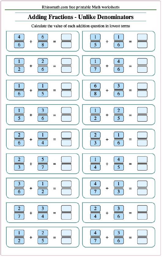 Addition Fractions - UnLike Denominators-res 0-2