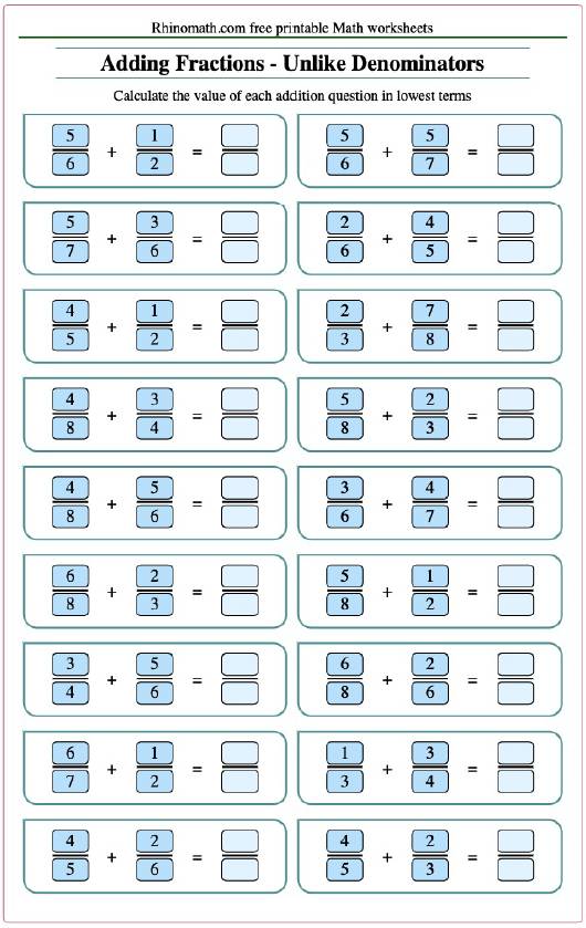 Addition Fractions - UnLike Denominators-res greater than 1