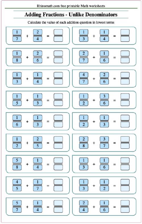 Addition Fractions - UnLike Denominators-res less than 1