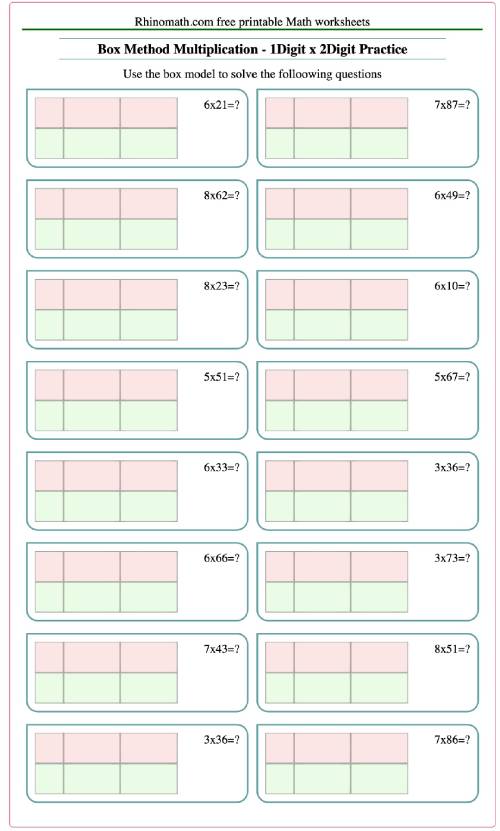 Box Method Multiplication - 1Digit x 2Digit Practice