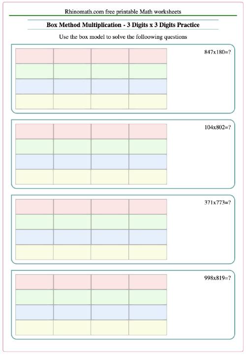 Box Method Multiplication - 3Digit x 3Digit Practice