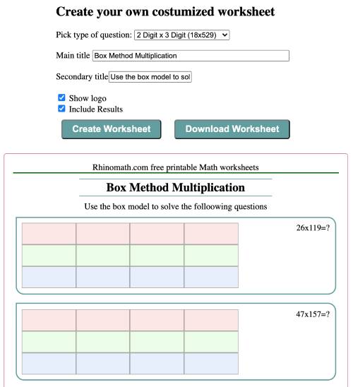 Box Method Multiplication Worksheet Generator