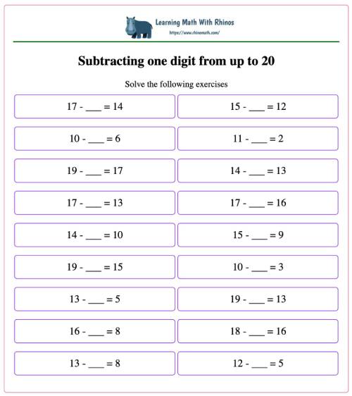 subtracting single digit from 2 digit up to 20 number type2
