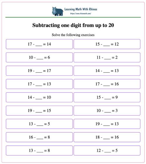 Read more about the article Subtract one digit number from up to 20 (12-__=9)