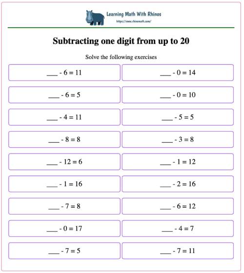 subtracting single digit from 2 digit up to 20 number type3