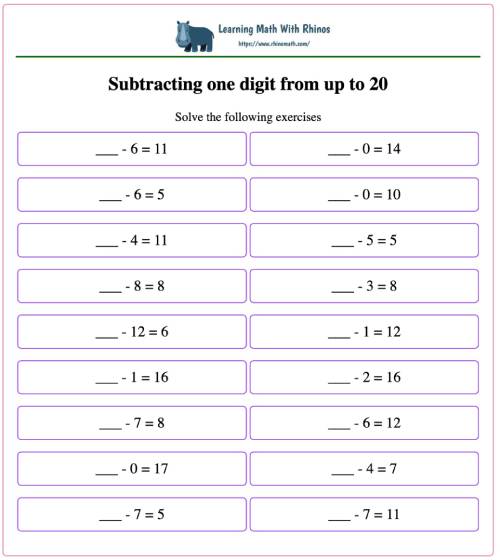 Read more about the article Subtract one digit number from up to 20 (__-3=9)