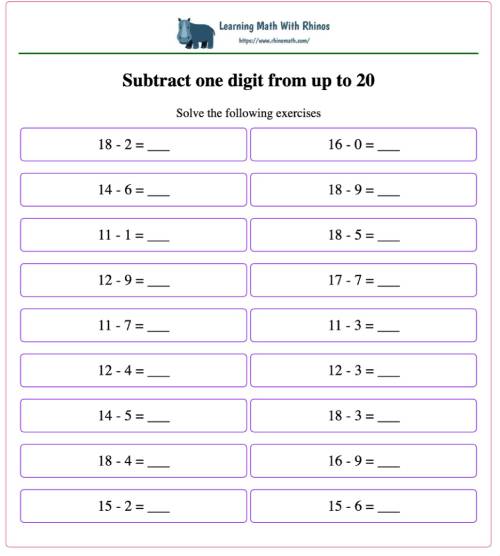 subtracting single digit from 2 digit up to 30 number