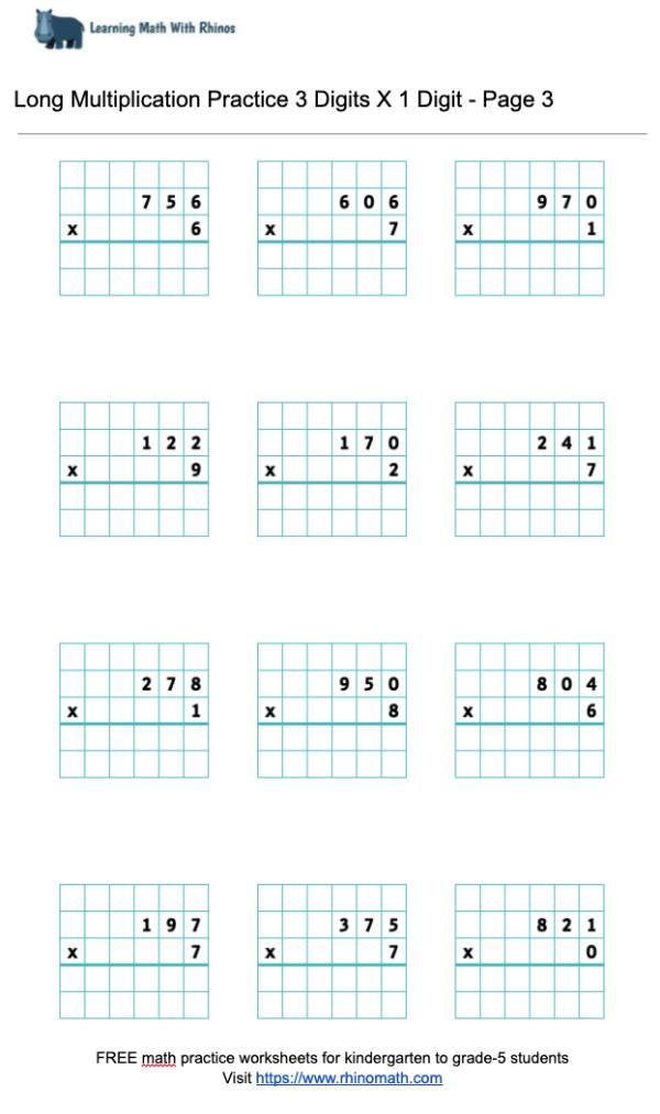 Read more about the article Long Multiplication Practice 3 Digits X 1 Digit – Page 3