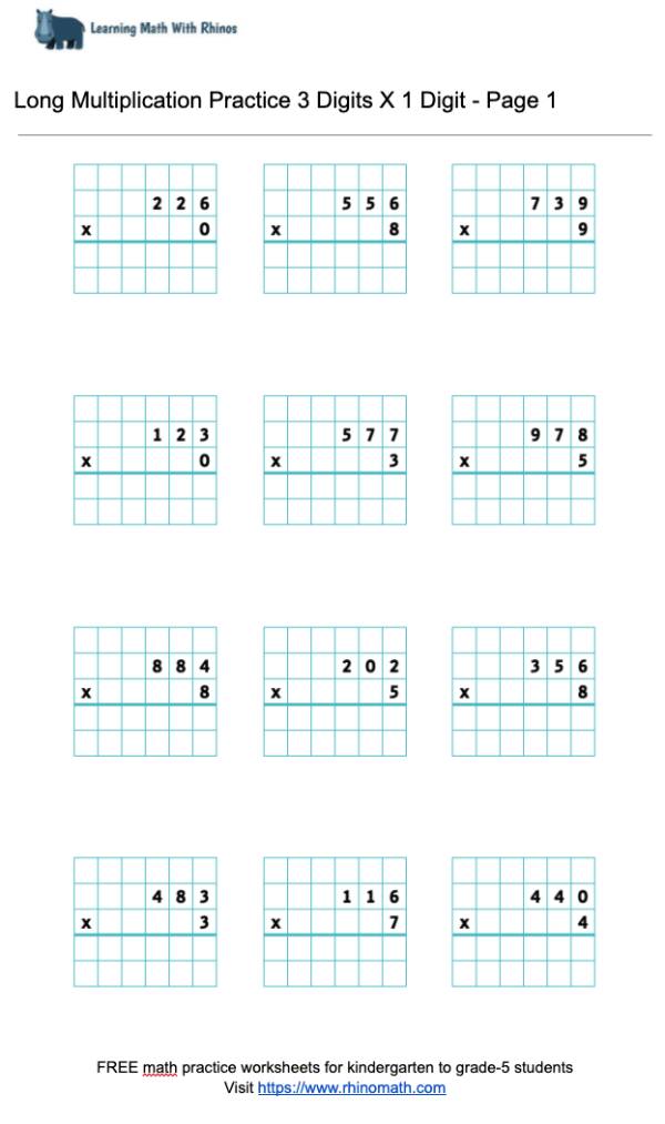 long multiplication 3digit x 1digit - Page 1