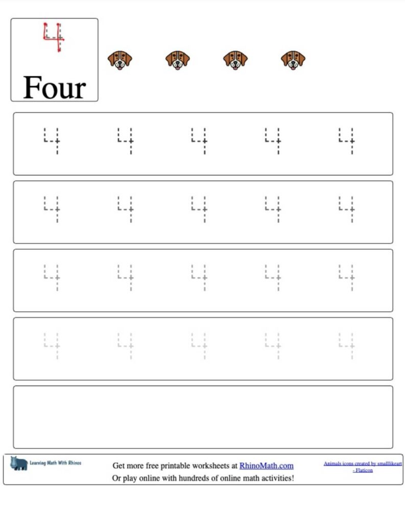 trace the number 4 v2 rhinomath worksheet