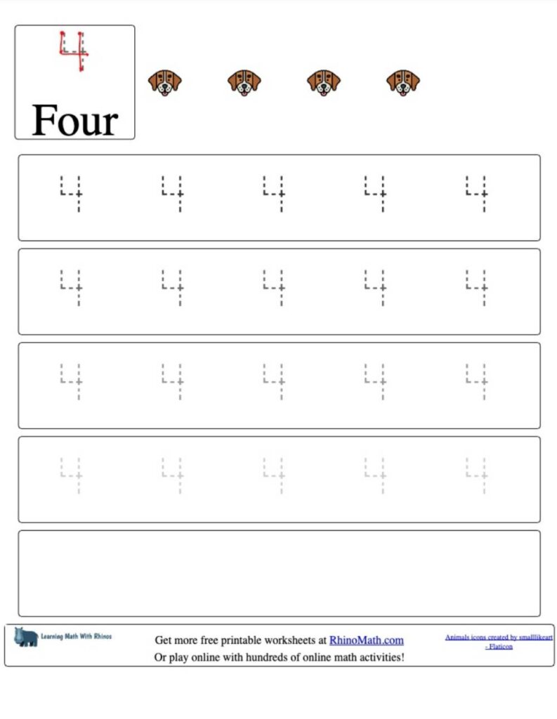 trace the number 4 v2 rhinomath worksheet