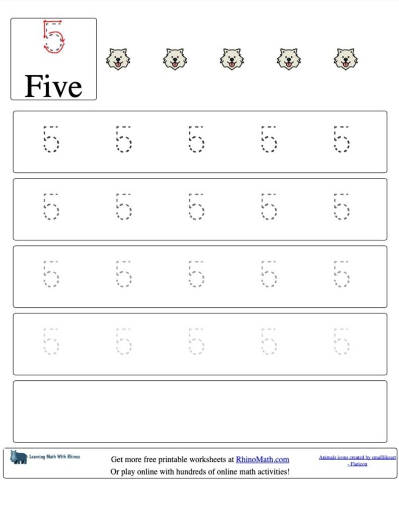 trace the number 5 v2 rhinomath worksheet