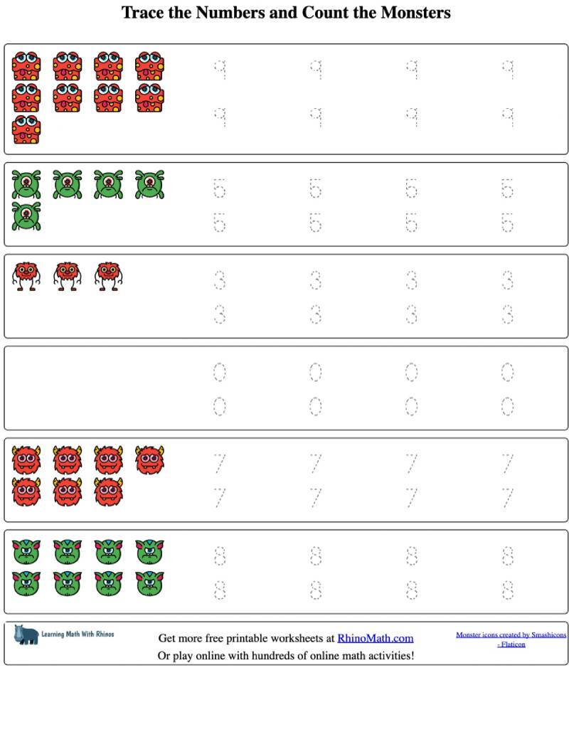 Read more about the article Counting Monsters and Tracing Numbers (0-10) – Worksheet 3