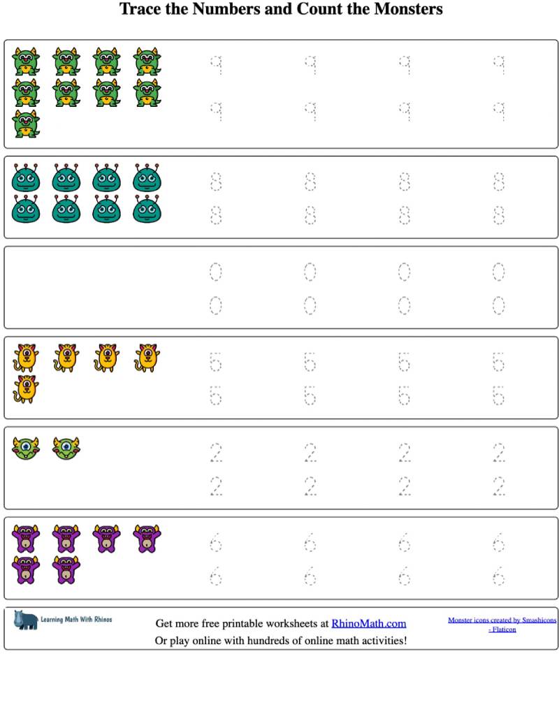 Read more about the article Counting Monsters and Tracing Numbers (0-10) – Worksheet 5