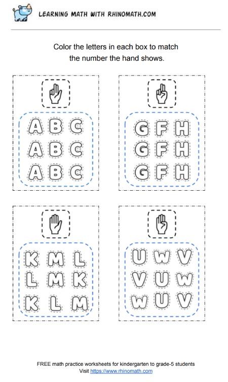 Color the shape in each box to match the number the hand shows - p2