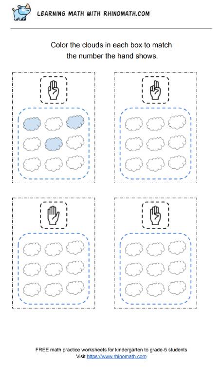 Color the shape in each box to match the number the hand shows - p3