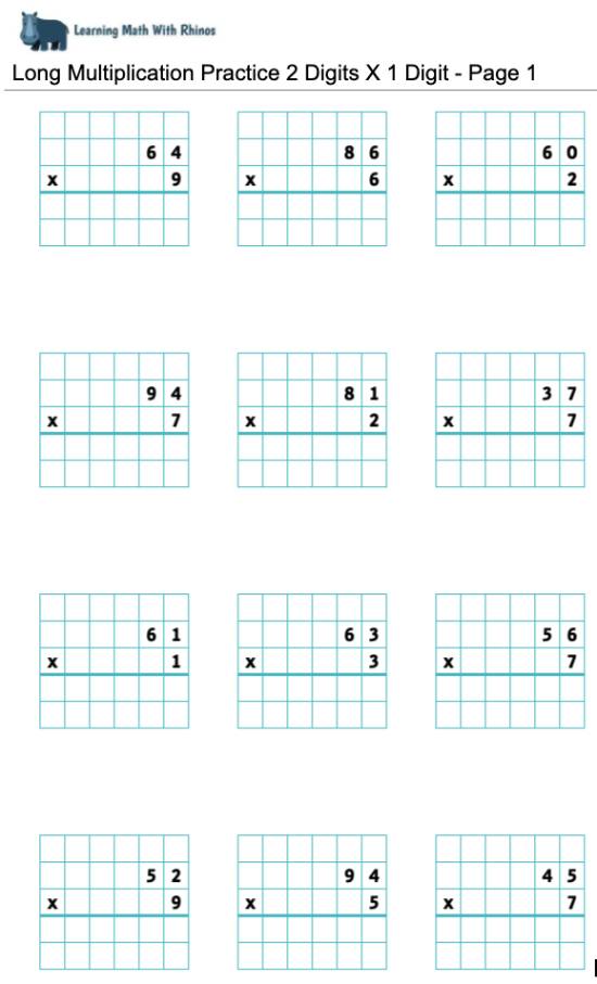 Read more about the article Long Multiplication Practice 2 Digits X 1 Digit – Page 1