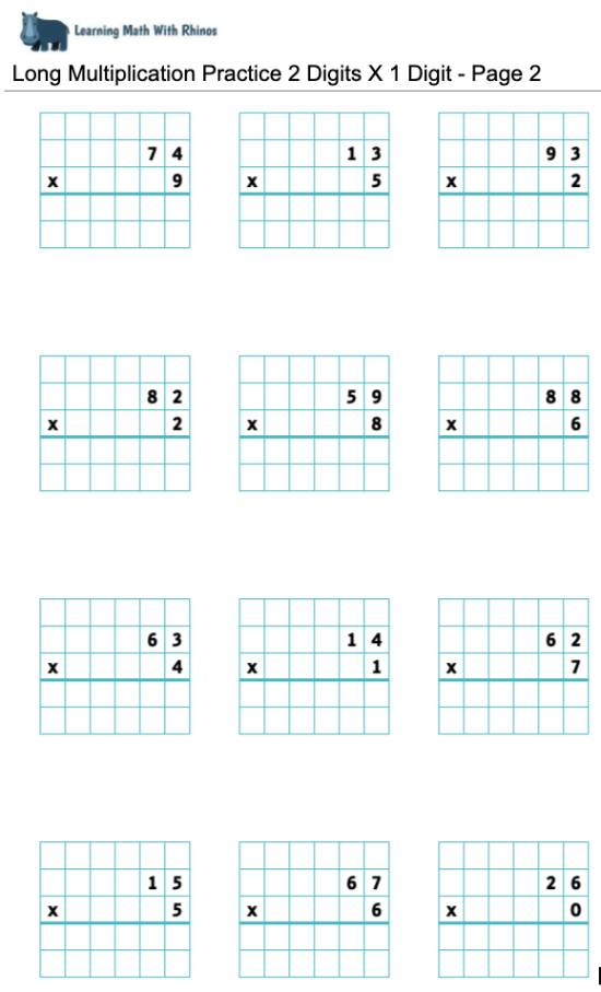 Long Multiplication Practice 2 Digits X 1 Digit - Page 2