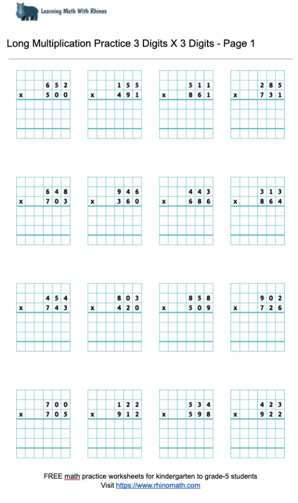 Read more about the article Long Multiplication Practice 3 Digits X 3 Digits – Page 1