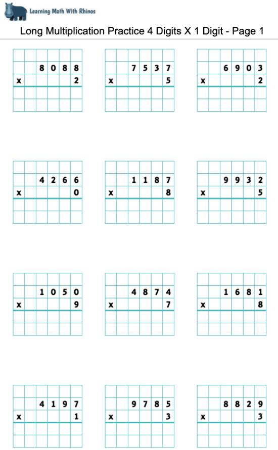 Long Multiplication Practice 4 Digits X 1 Digit - Page 1