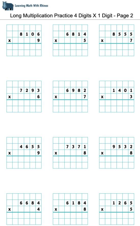 Long Multiplication Practice 4 Digits X 1 Digit - Page 2