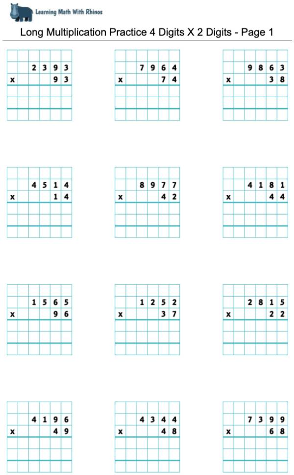 Long Multiplication Practice 4 Digits X 2 Digits - Page 1