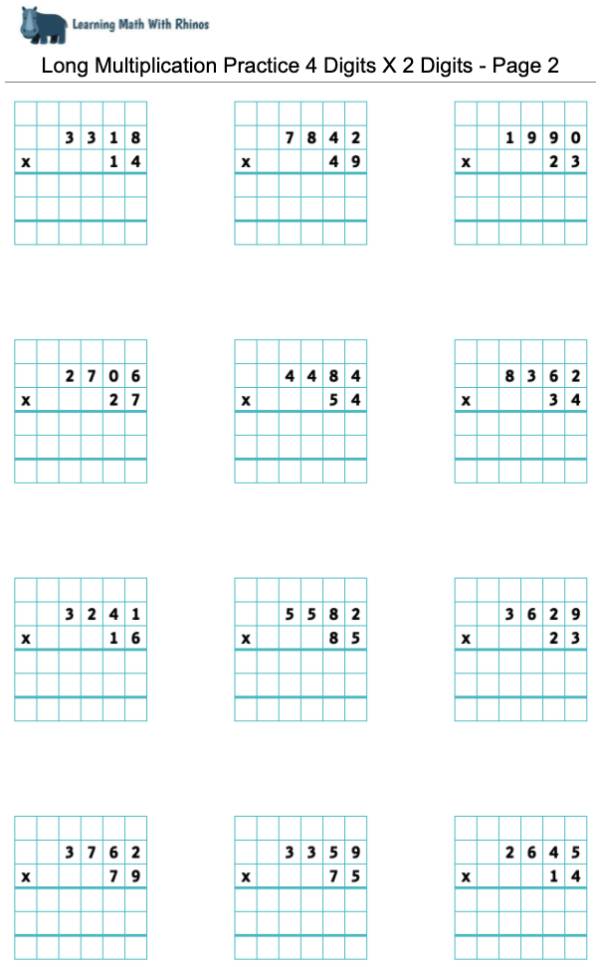 Read more about the article Long Multiplication Practice 4 Digits X 2 Digits – Page 2