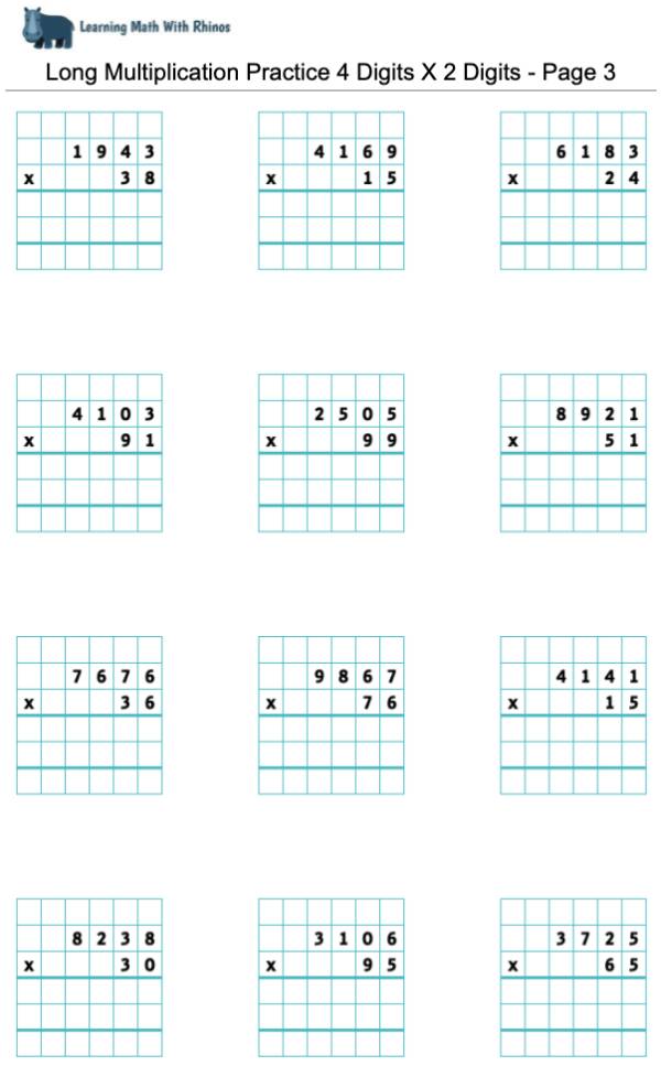 Read more about the article Long Multiplication Practice 4 Digits X 2 Digits – Page 3