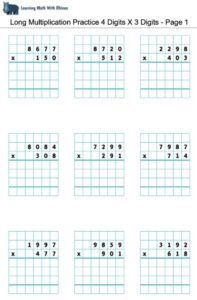 Long Multiplication Practice 4 Digits X 3 Digits - Page 1