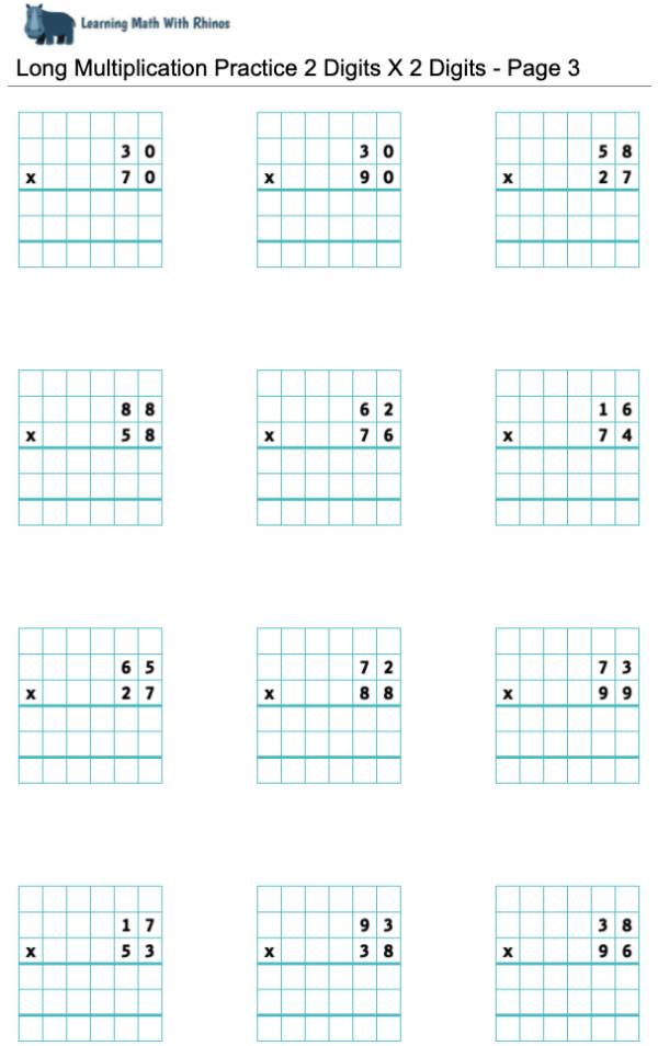 Read more about the article Long Multiplication Practice 2 Digits X 2 Digits – Page 3