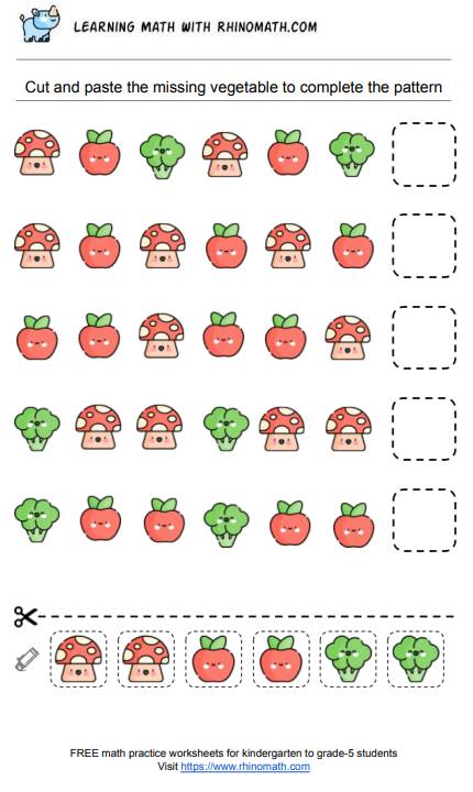 Practice recognising patterns by cutting and glueing the next vegetable- p18