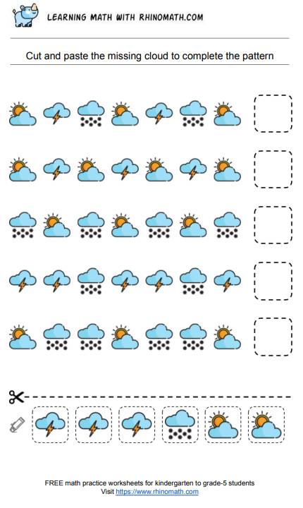 Practice recognising patterns by cutting and glueing the next weather clouds- page 20