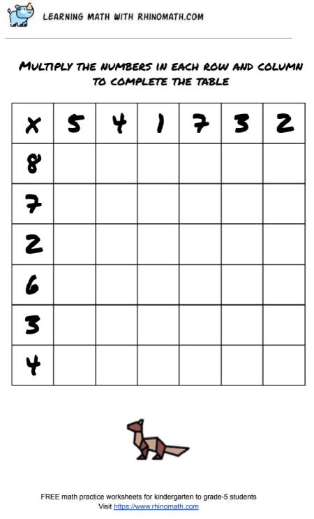 multiplication table 6x6 - factors 1-8 - page 2