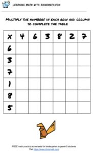multplication table 6x6 - factors 1-8 - page 1