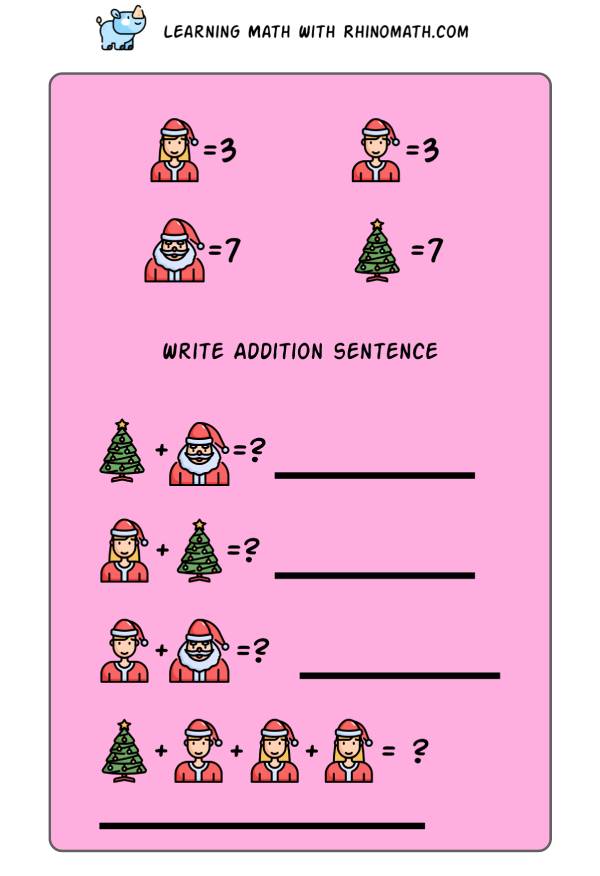 Practice writing addition sentences christmas theme p1