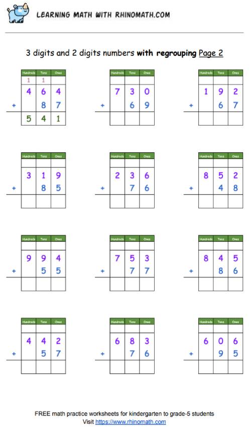 Read more about the article Practice Adding 3-digit & 2 digit numbers in columns – with regrouping – Page 2