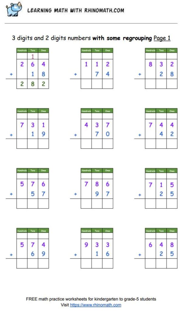 3 digits and 2 digits numbers with some regrouping Page 1