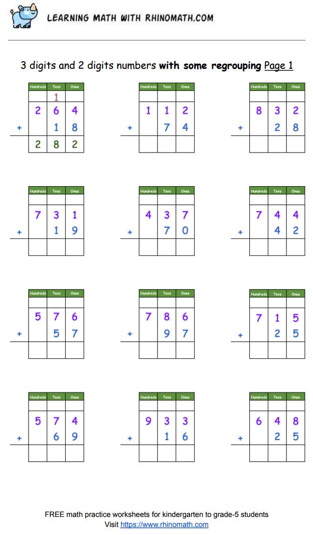 Read more about the article Practice Adding 3-digit & 2 digit numbers in columns – with some regrouping – Page 1