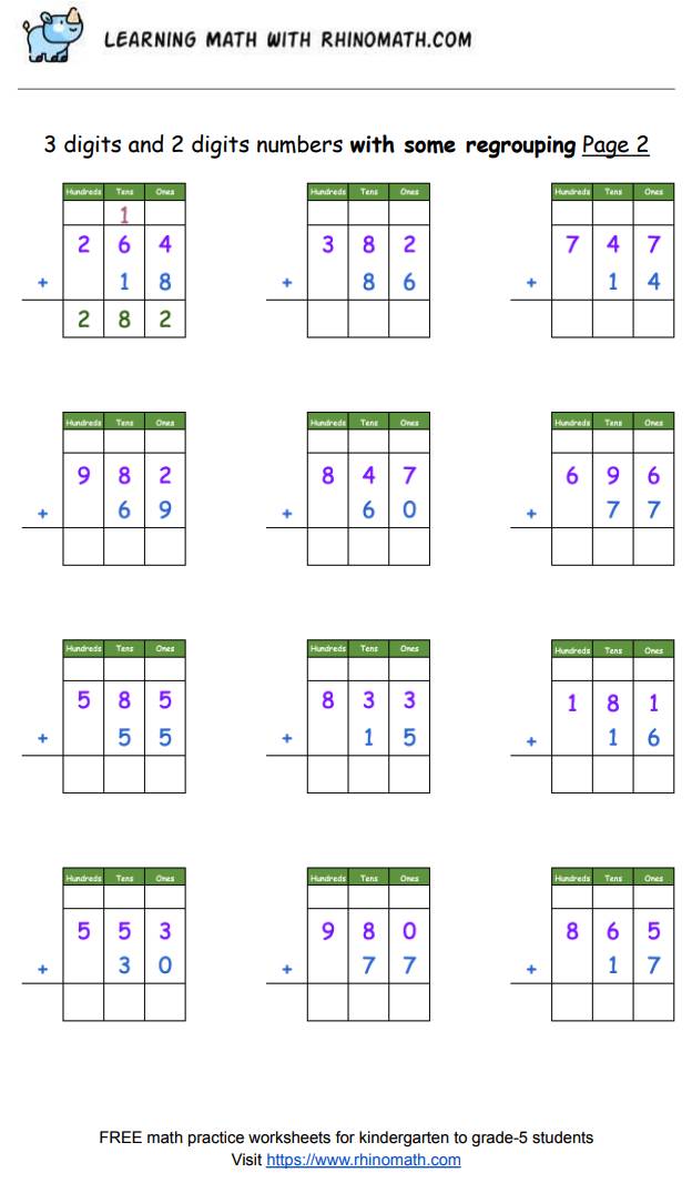 Read more about the article Practice Adding 3-digit & 2 digit numbers in columns – with some regrouping – Page 2