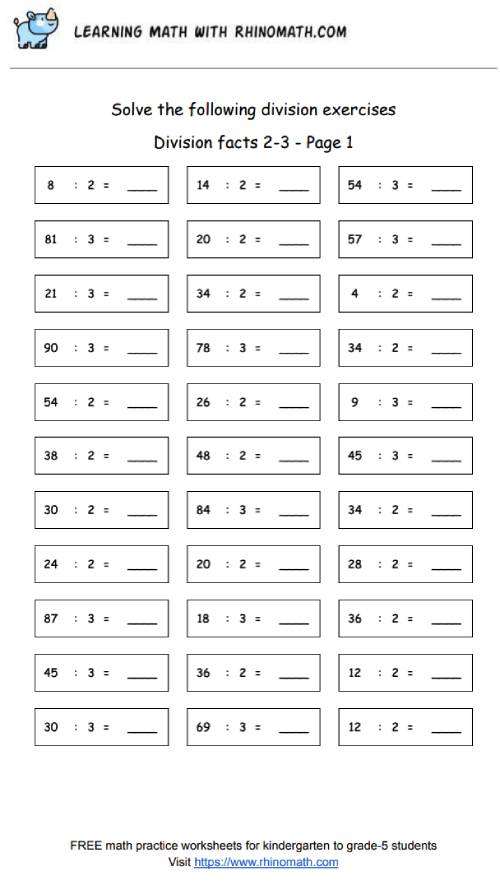 Division facts - dividing by 2-3 - page1