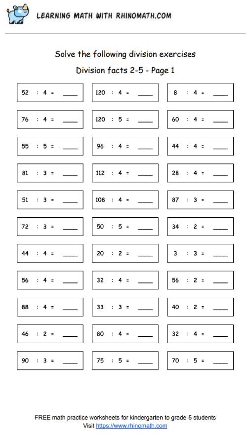 Division facts - dividing by 2-5 - page1