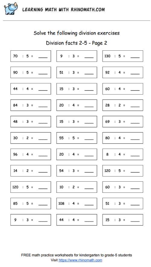 Division facts - dividing by 2-5 - page2