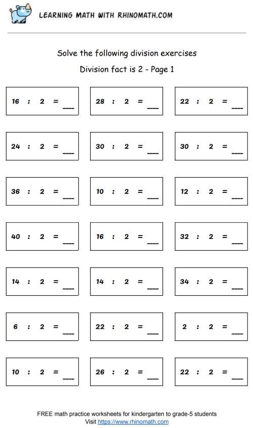 Division facts - dividing by 2 - page1