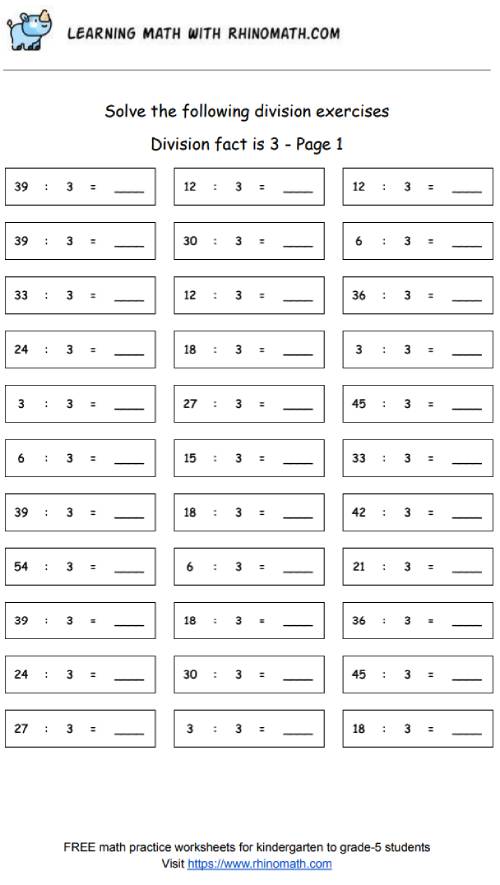 Division facts - dividing by 3 - page 1